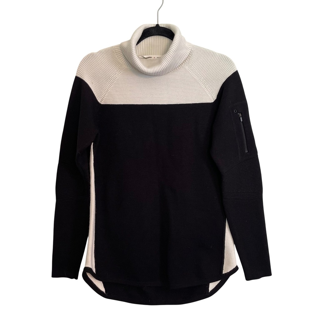 Athleta Colorblock Turtleneck Sweater Black Cream Zip Arm Pocket Medium M‎